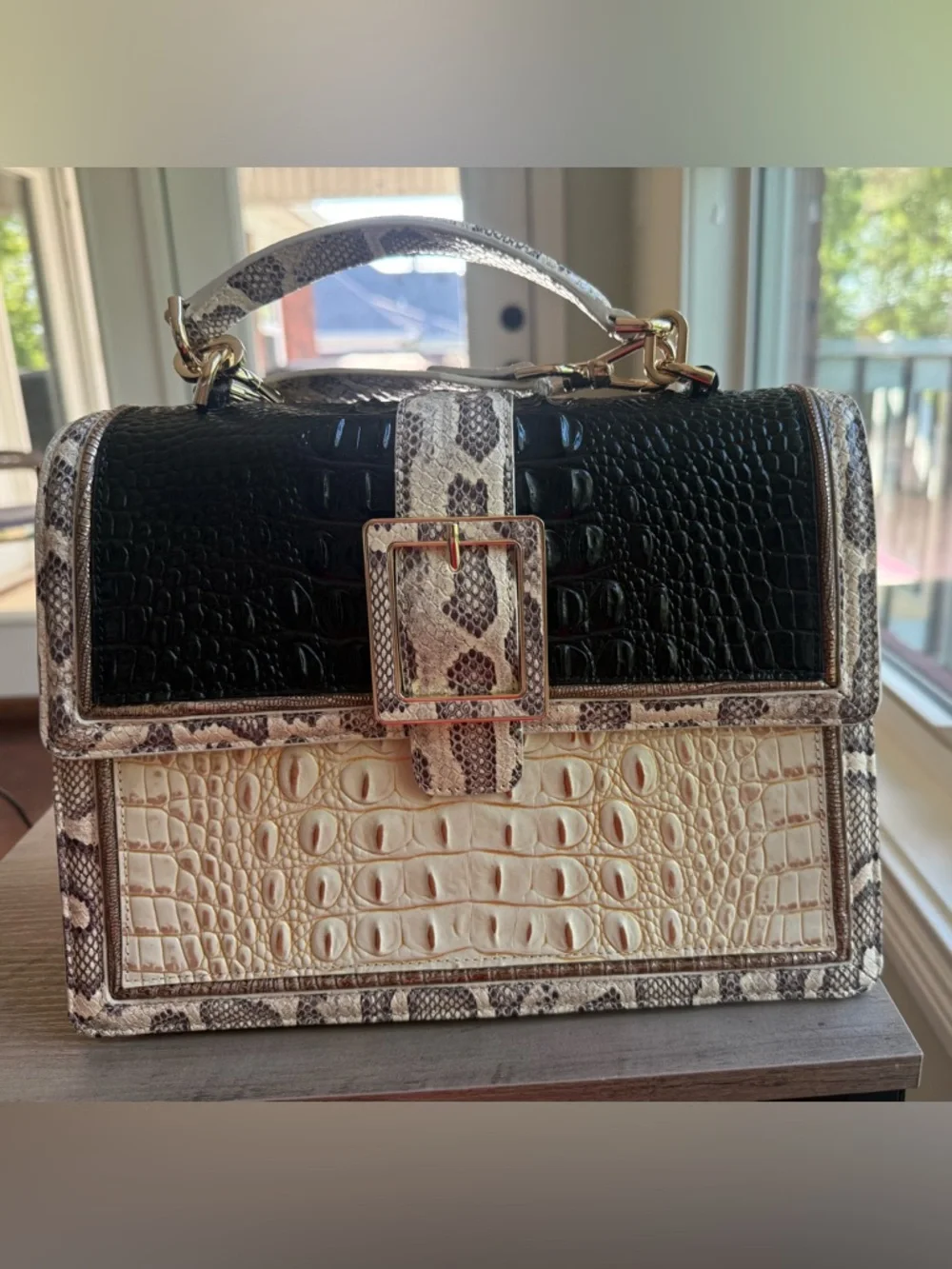 Brahmin Black and Cream Croc-Embossed Top Handle Satchel - Picture 4 of 4